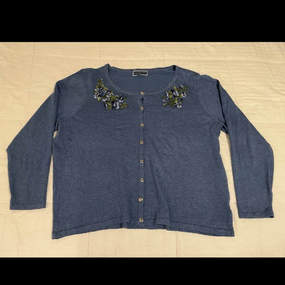 Karen Scott Womens Floral Cardigan Sweater Long Sleeve Scoop Neck Size 3XL Blue